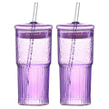 20 oz 2-pack purple glass straw cup with vertical pattern cup and lid, high borosilicate heat-resistant glass cup for juice, milk and cold drinks