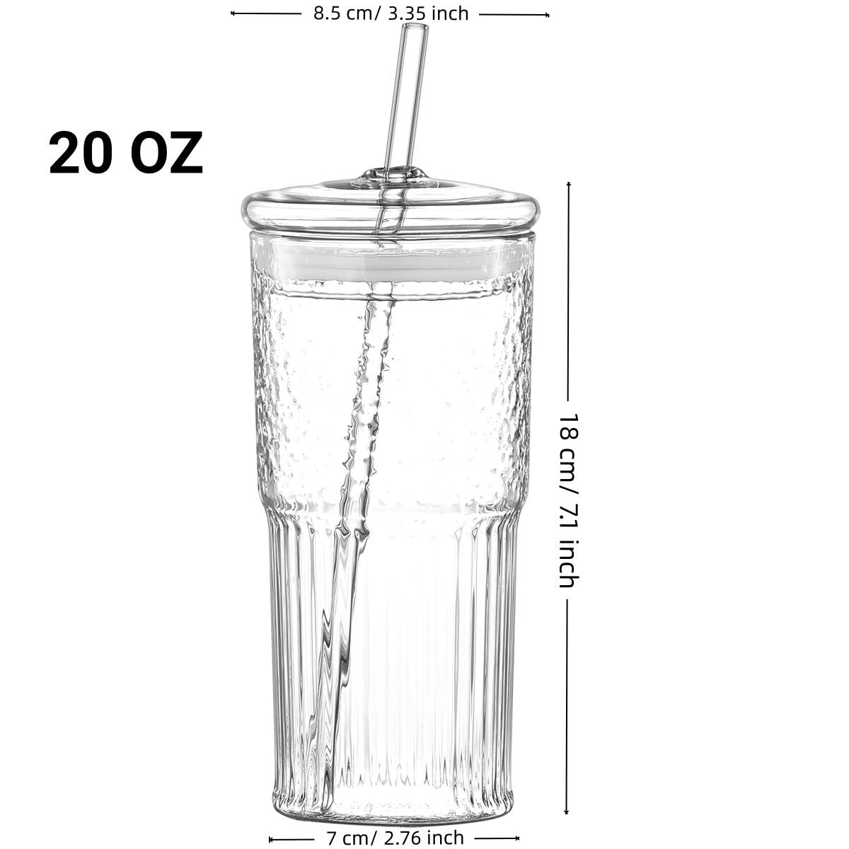 20 oz 2-pack green glass straw cup with vertical pattern cup and lid, high borosilicate heat-resistant glass cup for juice, milk and cold drinks