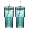 20 oz 2-pack green glass straw cup with vertical pattern cup and lid, high borosilicate heat-resistant glass cup for juice, milk and cold drinks