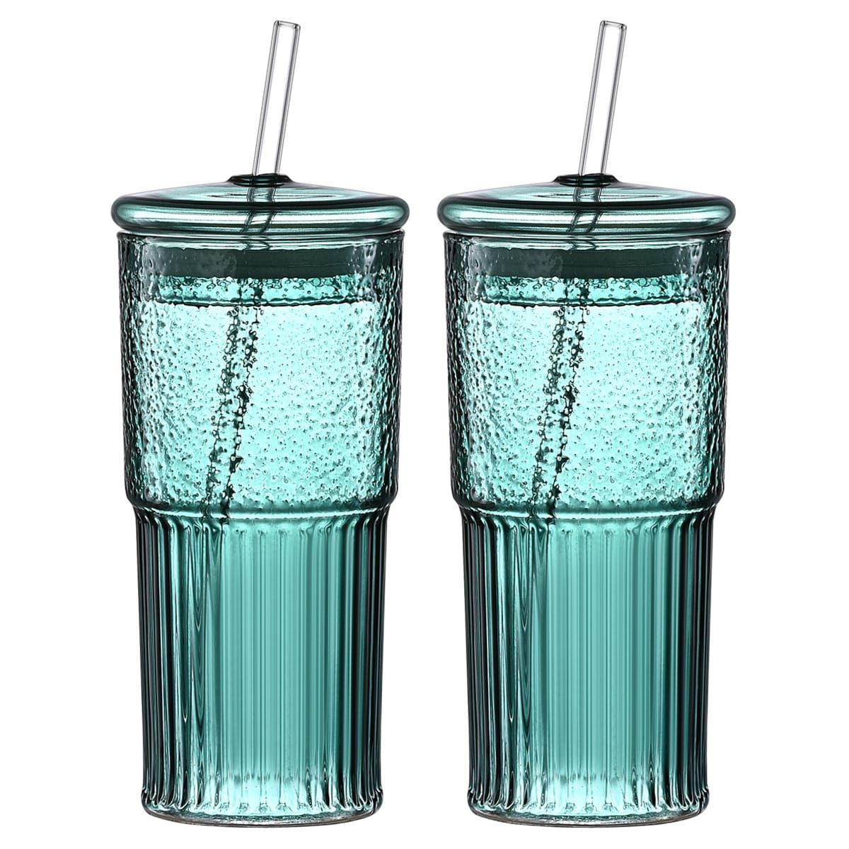 20 oz 2-pack green glass straw cup with vertical pattern cup and lid, high borosilicate heat-resistant glass cup for juice, milk and cold drinks