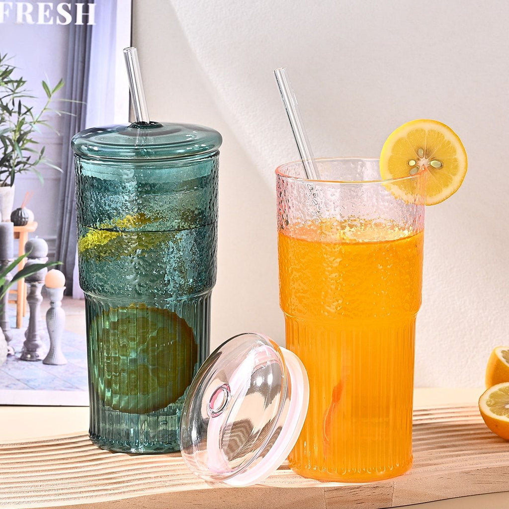 20 oz 2-pack green glass straw cup with vertical pattern cup and lid, high borosilicate heat-resistant glass cup for juice, milk and cold drinks