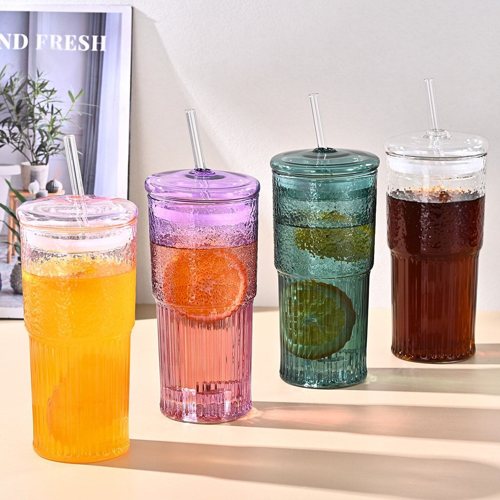 20 oz 2-pack green glass straw cup with vertical pattern cup and lid, high borosilicate heat-resistant glass cup for juice, milk and cold drinks