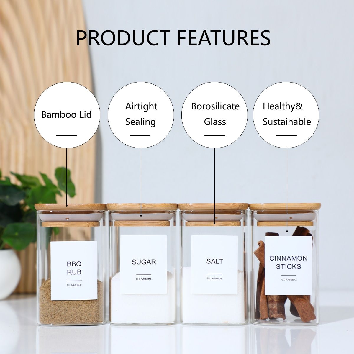18 PCS Square Seasoning Jar Pepper Seasoning Bottle Pepper Powder Bottle 240ml Bamboo Wood Glass Seasoning Tank Square Spice Bottle