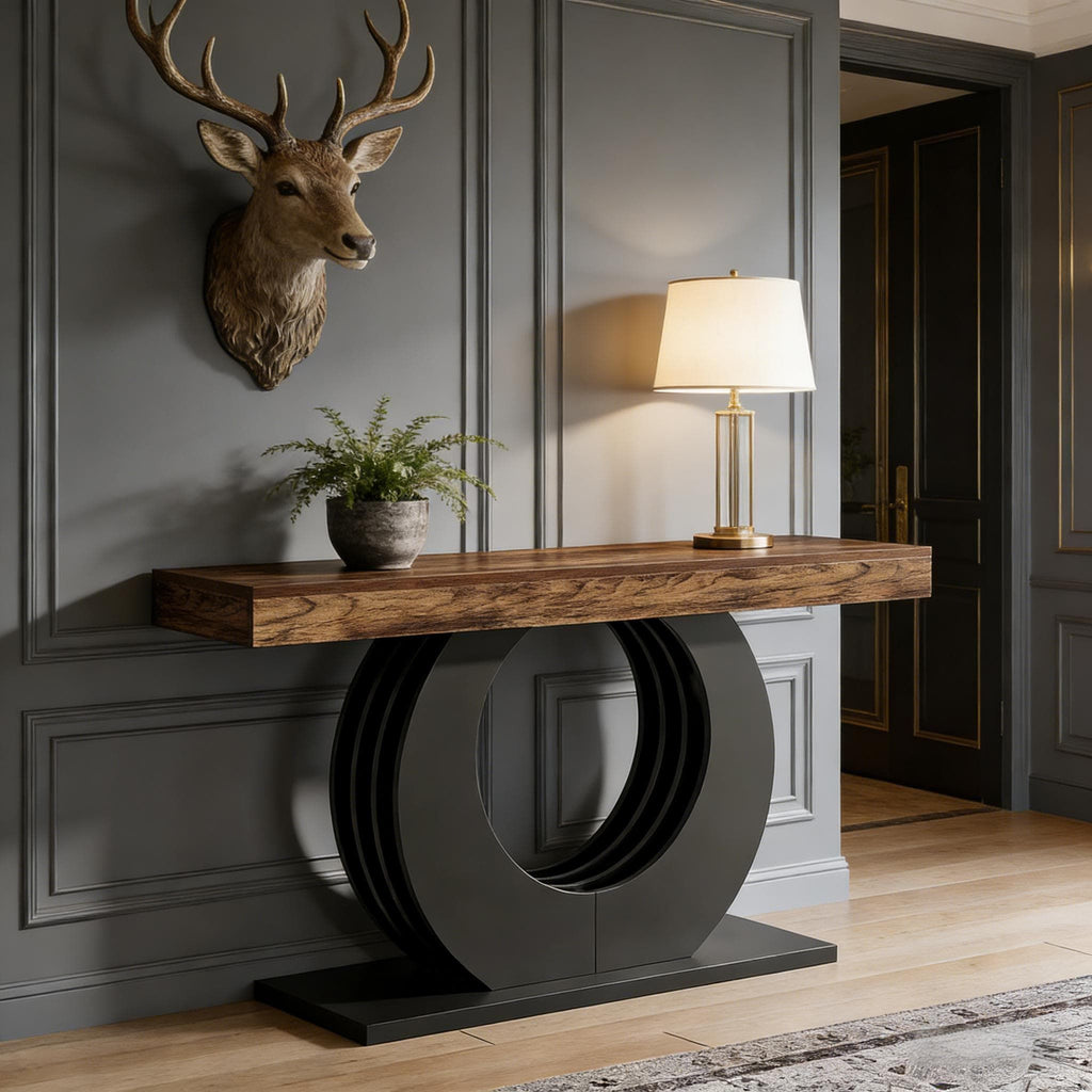 Console Table, Rustic Sofa Table Entryway Table with Circle Base