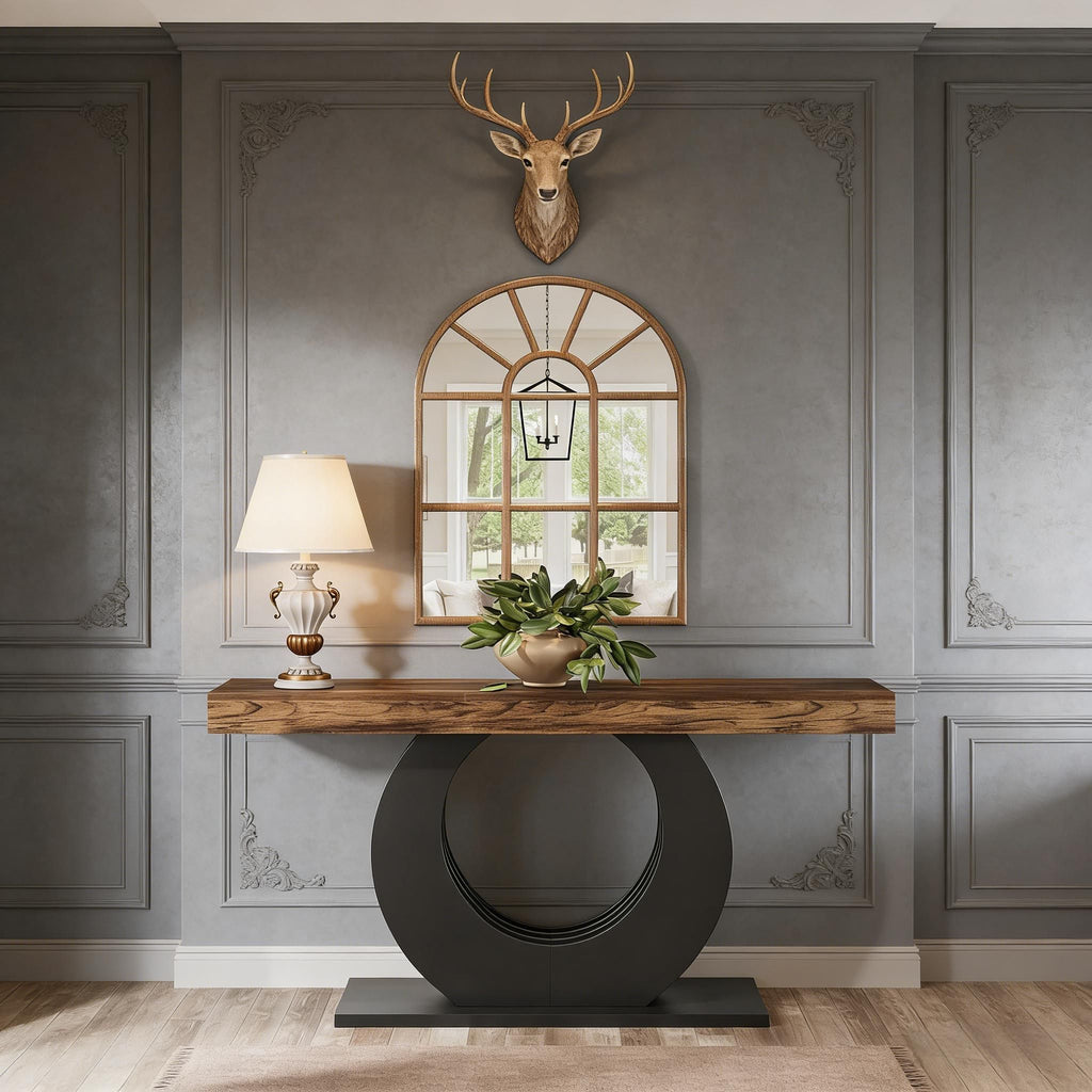 Console Table, Rustic Sofa Table Entryway Table with Circle Base