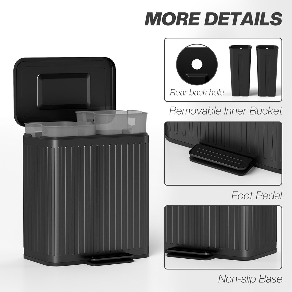 Trash Can with Lid, 2 x 5.3Gal Double Step-On Kitchen Trash Can, Removable Buckets, Black