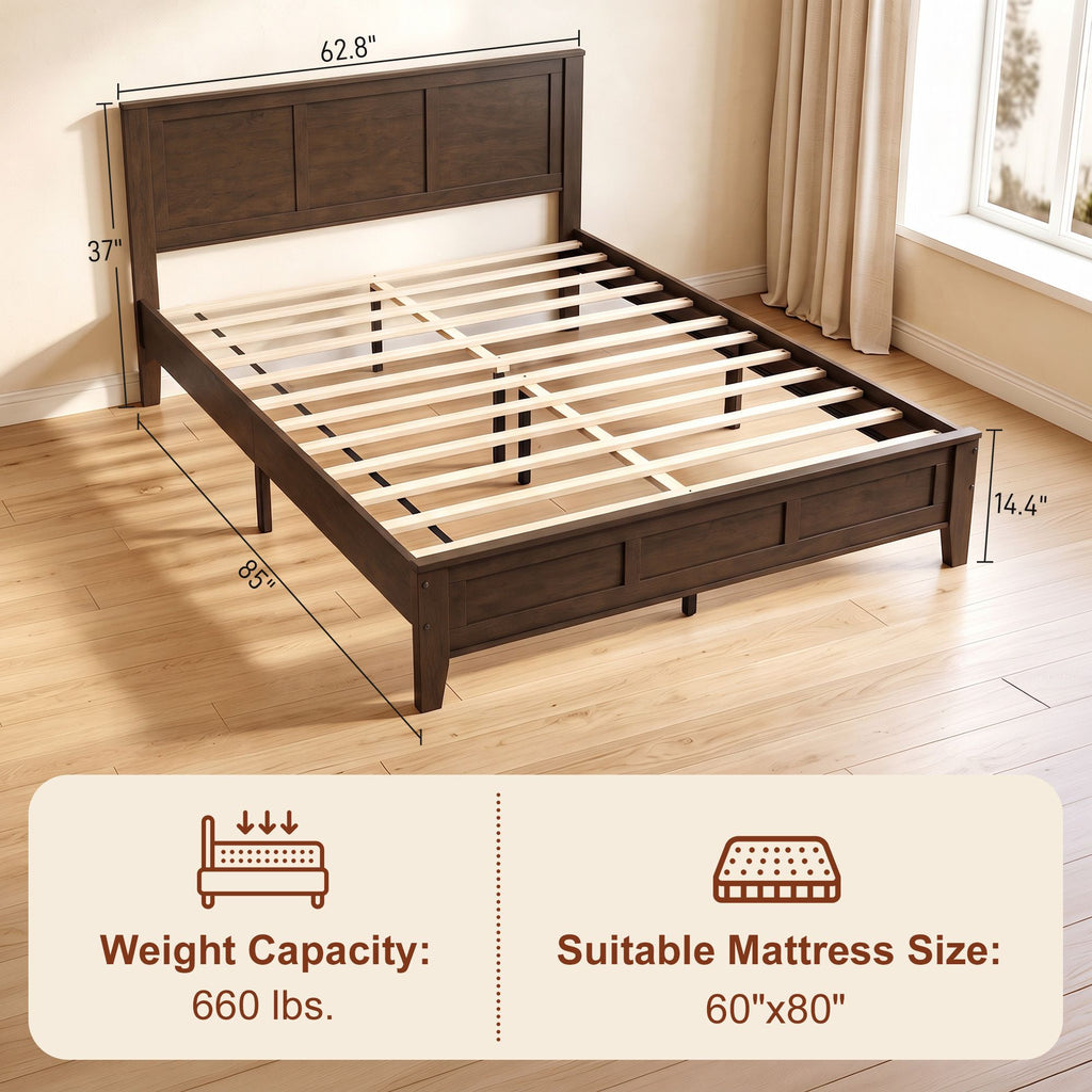 Queen Size Bed Frame with Headboard and Footboard, Mid-Century Modern Platform Bed Frame with Under-Bed Storage, Walnut