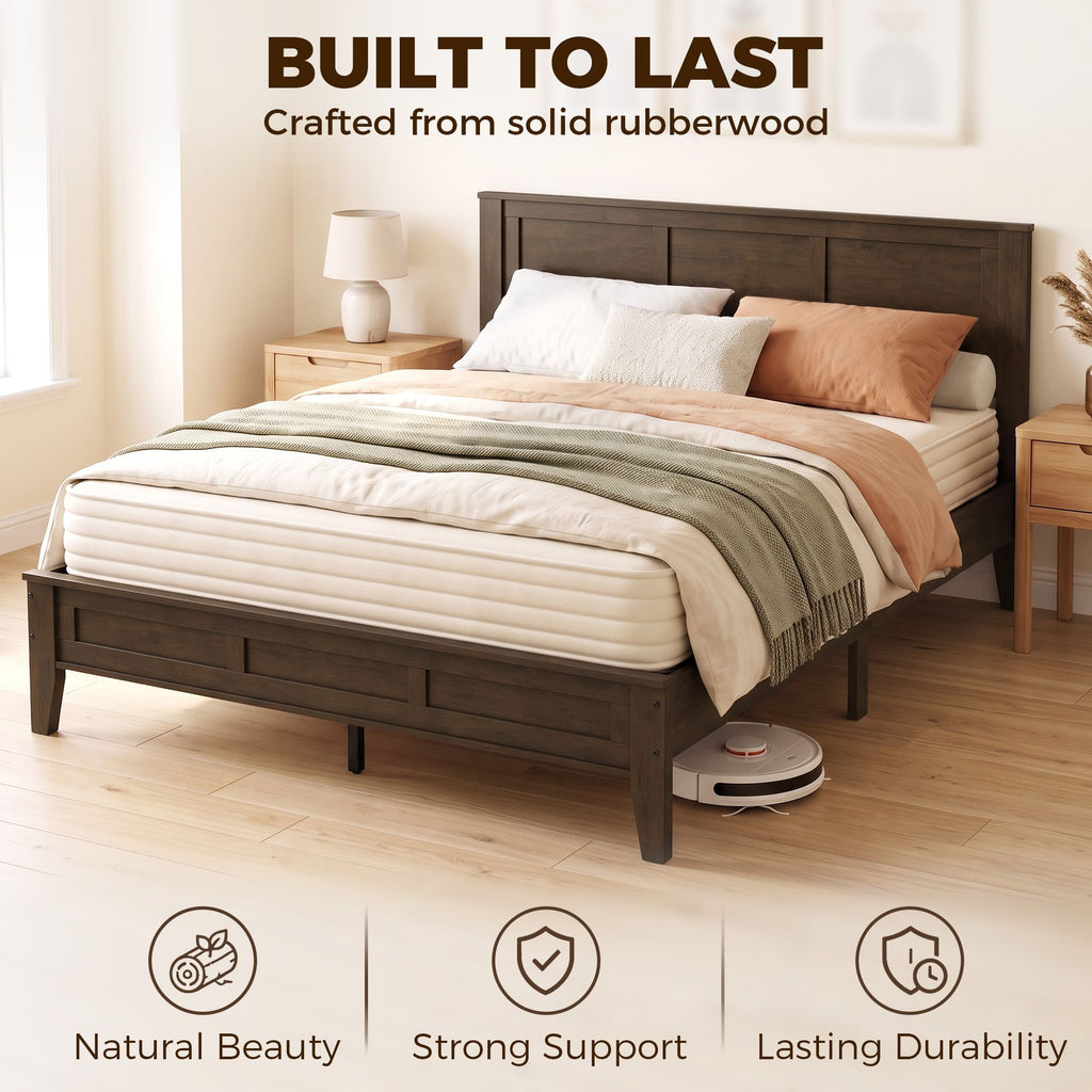Queen Size Bed Frame with Headboard and Footboard, Mid-Century Modern Platform Bed Frame with Under-Bed Storage, Walnut