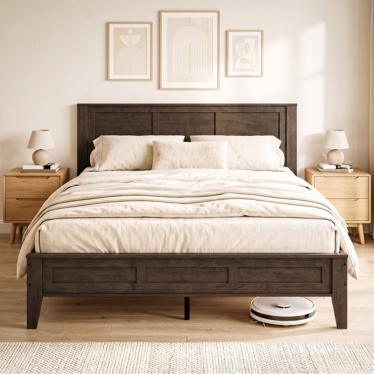 Queen Size Bed Frame with Headboard and Footboard, Mid-Century Modern Platform Bed Frame with Under-Bed Storage, Walnut
