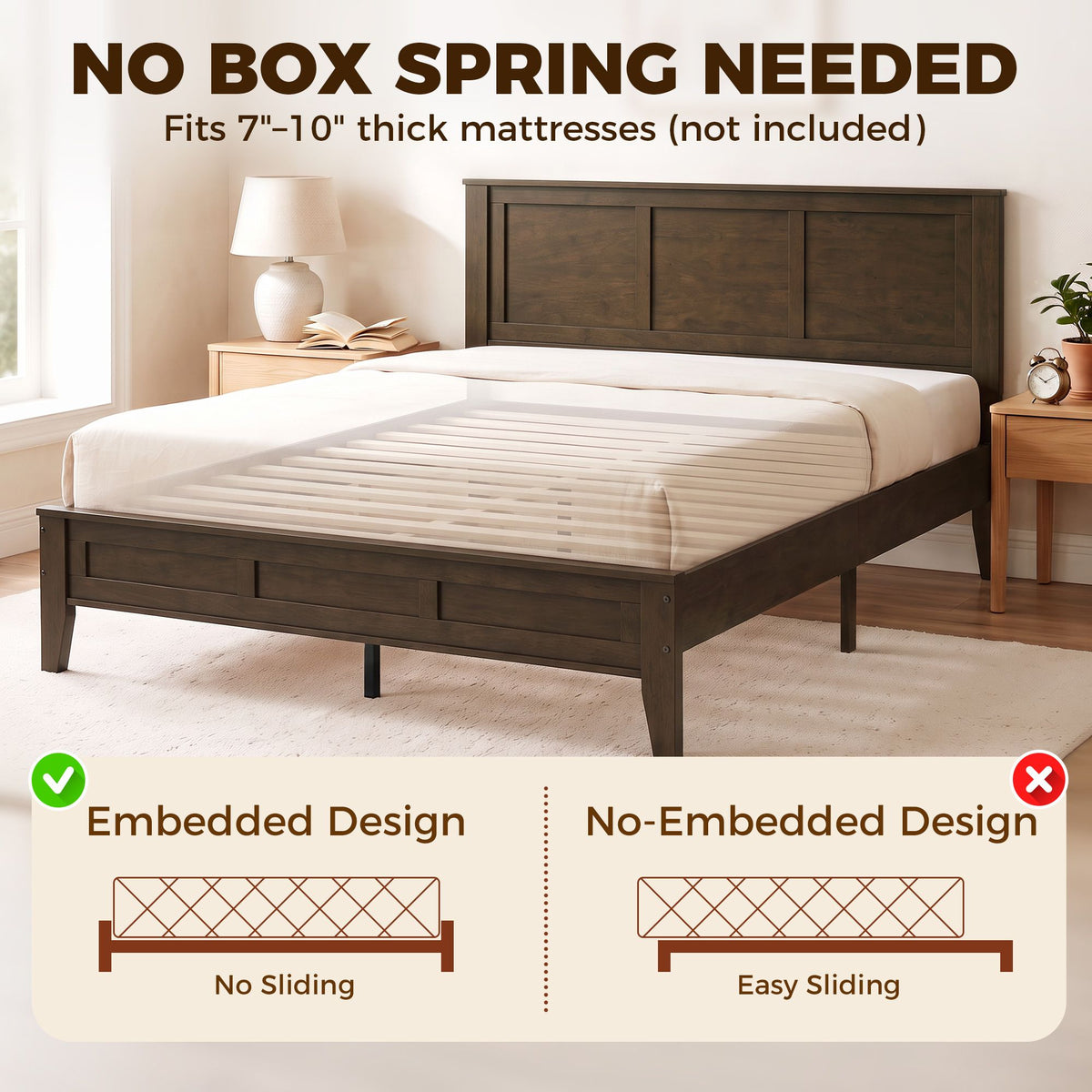 Queen Size Bed Frame with Headboard and Footboard, Mid-Century Modern Platform Bed Frame with Under-Bed Storage, Walnut
