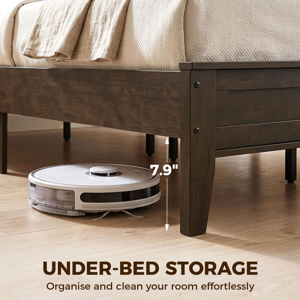 Queen Size Bed Frame with Headboard and Footboard, Mid-Century Modern Platform Bed Frame with Under-Bed Storage, Walnut