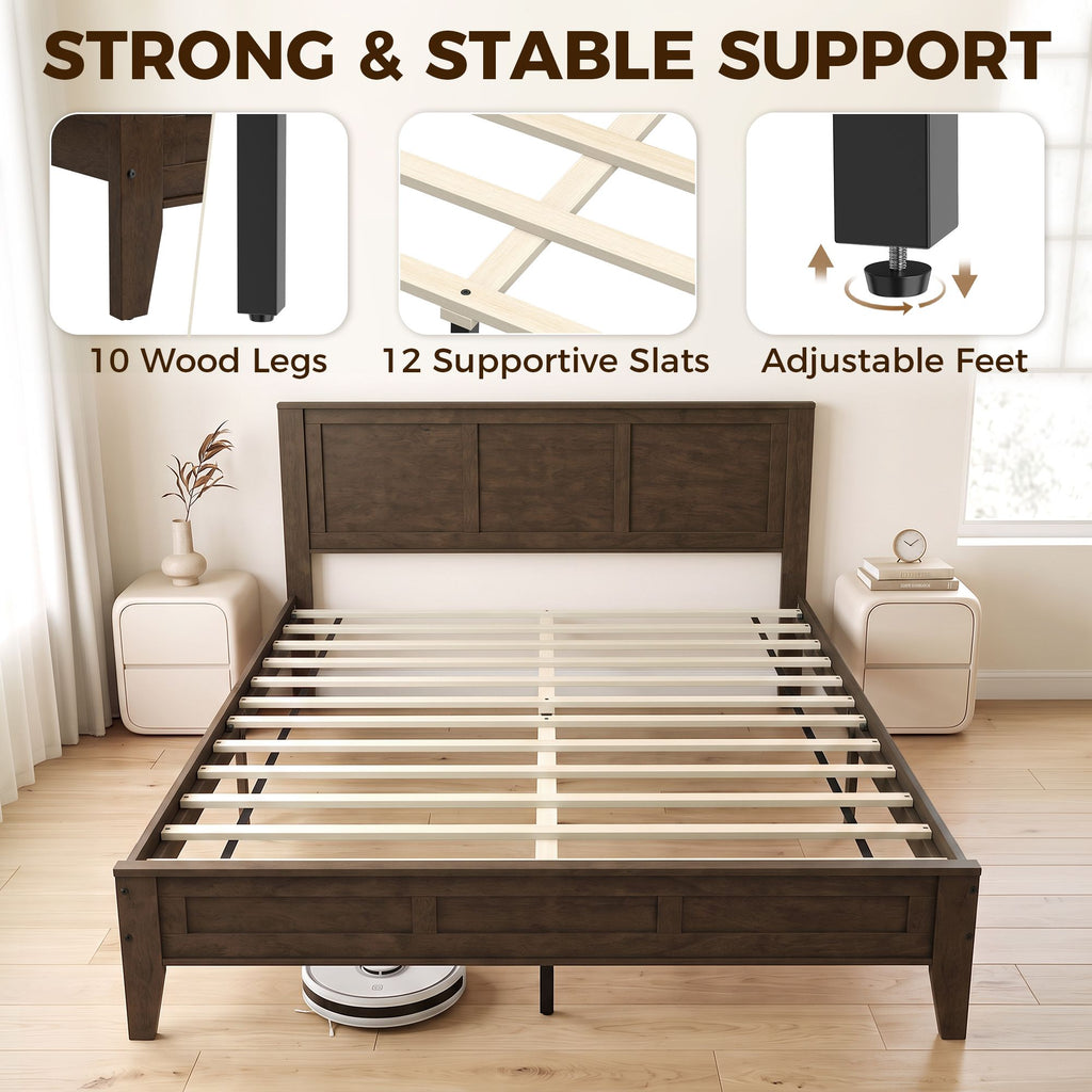 Queen Size Bed Frame with Headboard and Footboard, Mid-Century Modern Platform Bed Frame with Under-Bed Storage, Walnut