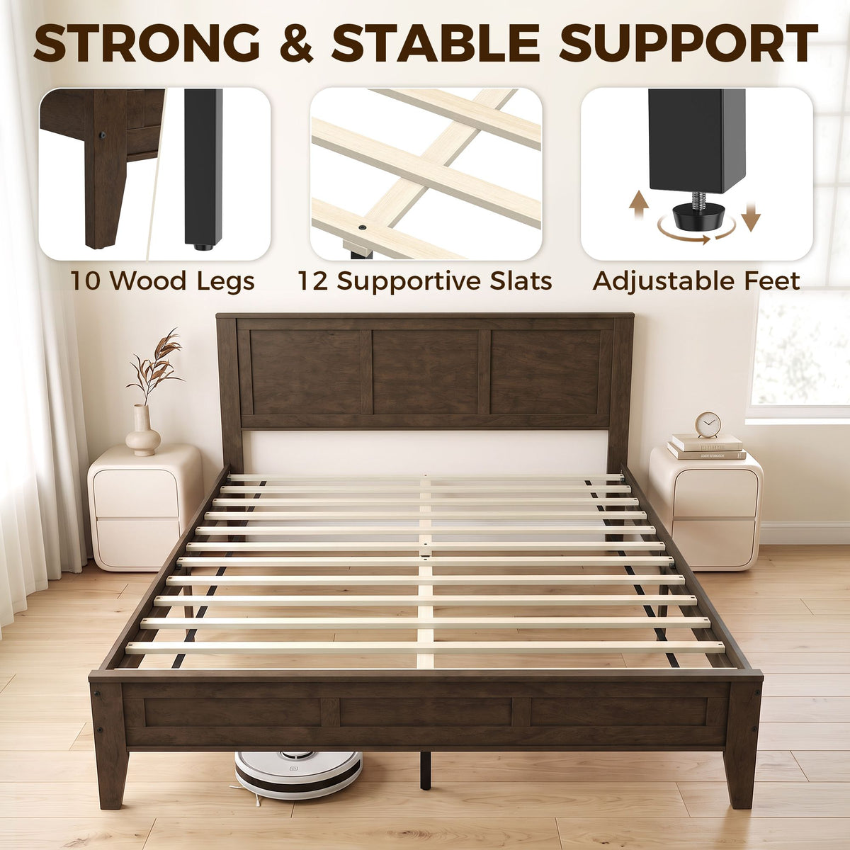 Queen Size Bed Frame with Headboard and Footboard, Mid-Century Modern Platform Bed Frame with Under-Bed Storage, Walnut
