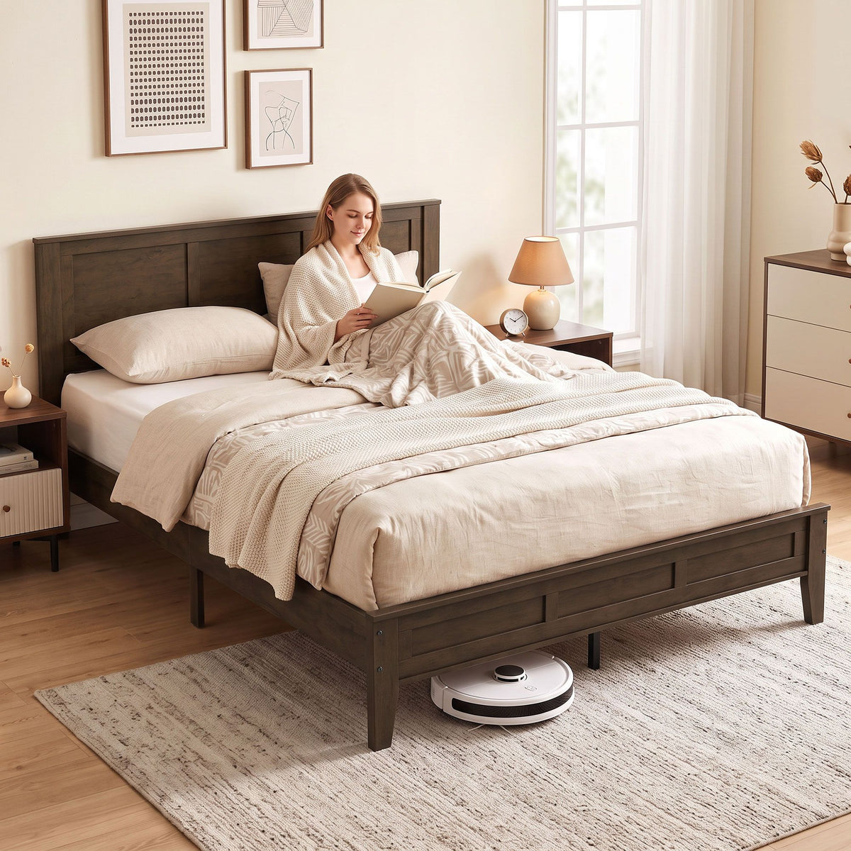 Queen Size Bed Frame with Headboard and Footboard, Mid-Century Modern Platform Bed Frame with Under-Bed Storage, Walnut