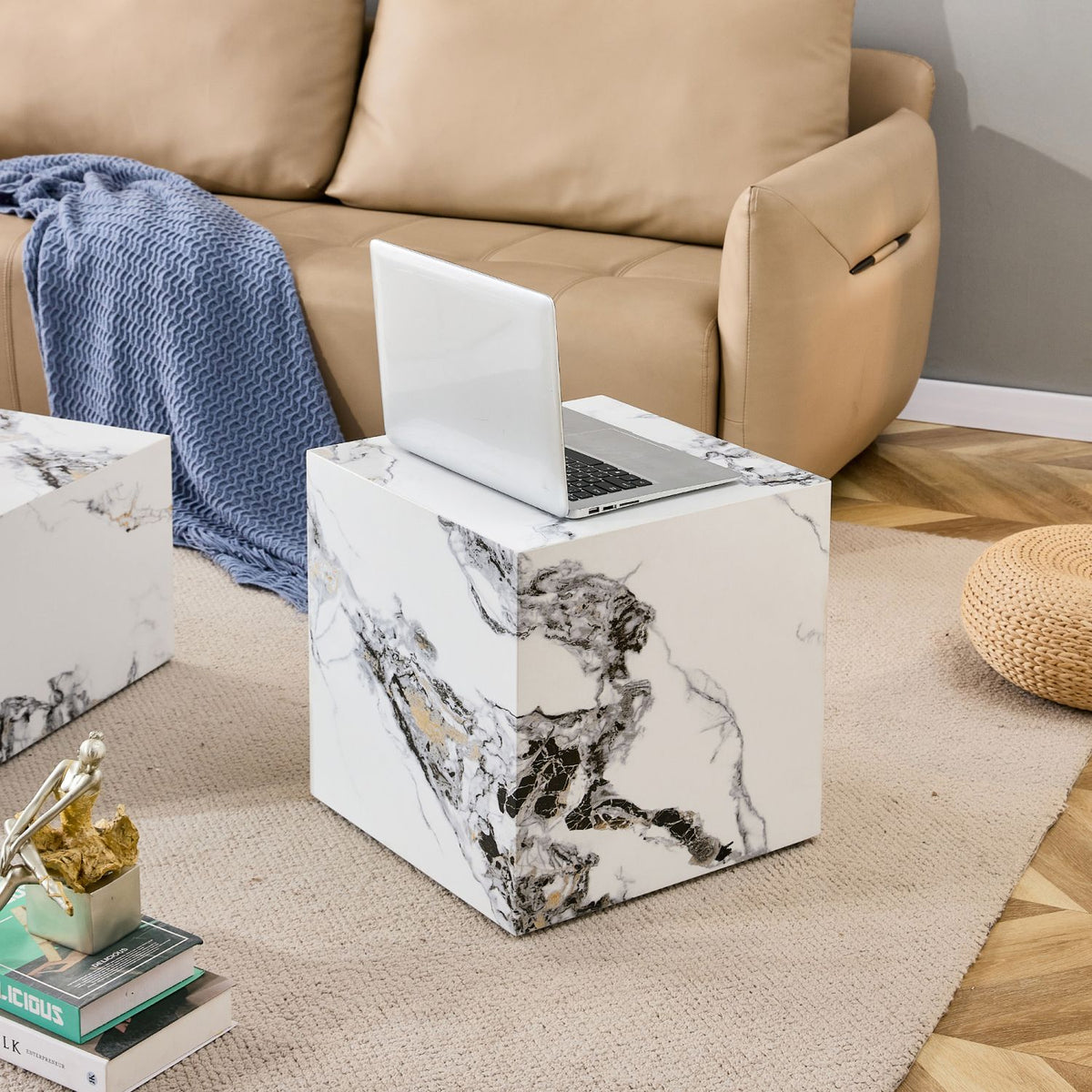 Modern white MDF+sticker material cube stylish texture design coffee table -15.7 inches