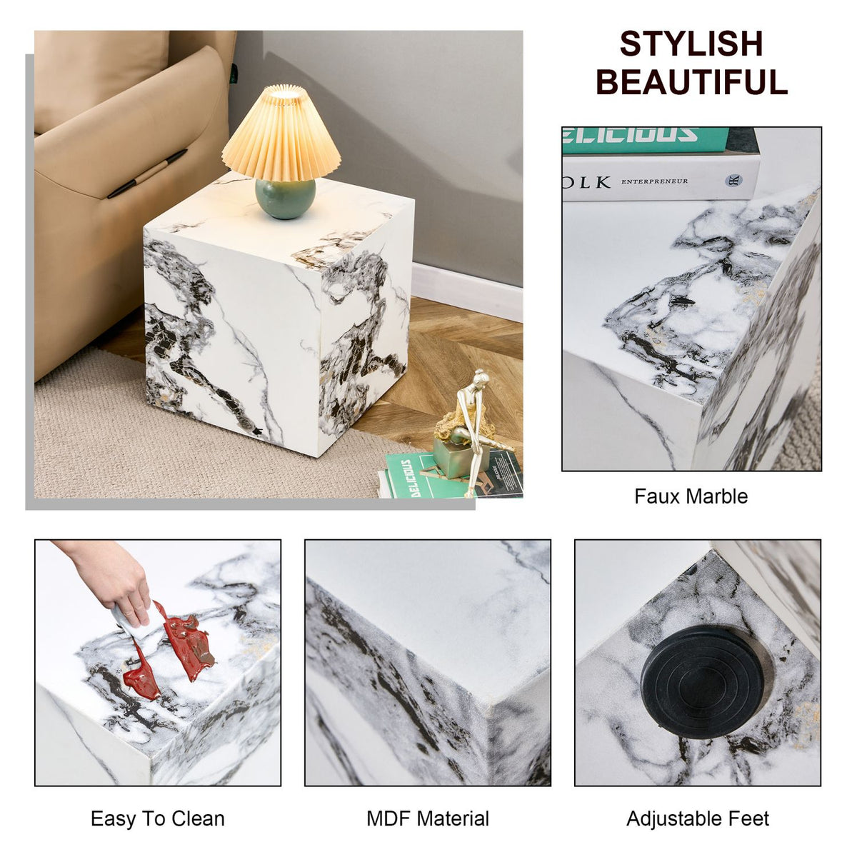Modern white MDF+sticker material cube stylish texture design coffee table -15.7 inches