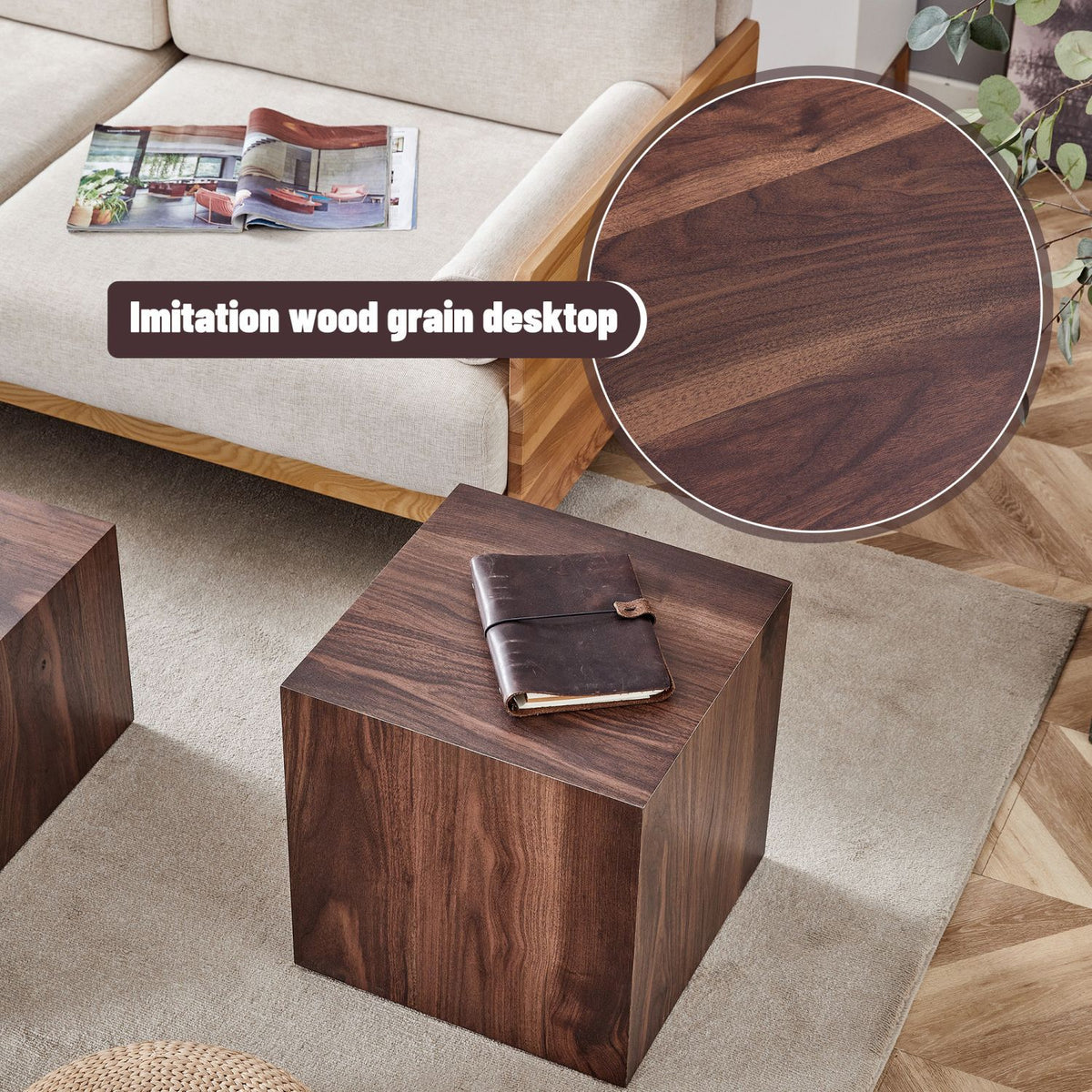 15.7*15.7*15.7 Inch Walnut Wood Grain MDF Coffee Table - Luxurious Design, Perfect Living Room Accent.Cube fashion texture design coffee table, suitable for various situations and scenes.