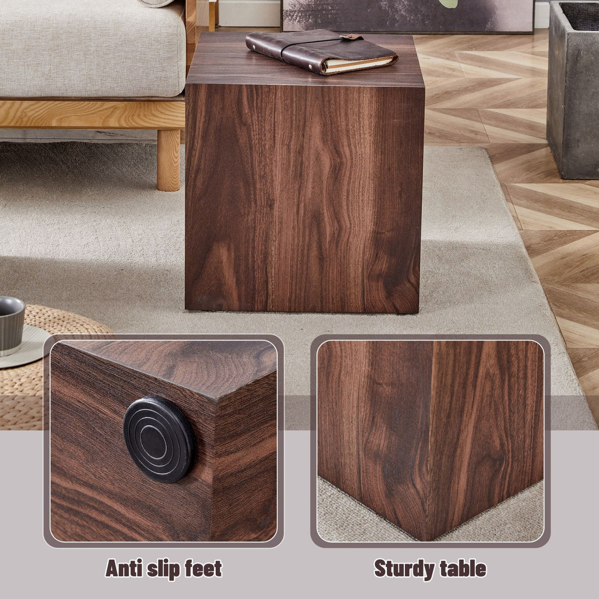 15.7*15.7*15.7 Inch Walnut Wood Grain MDF Coffee Table - Luxurious Design, Perfect Living Room Accent.Cube fashion texture design coffee table, suitable for various situations and scenes.