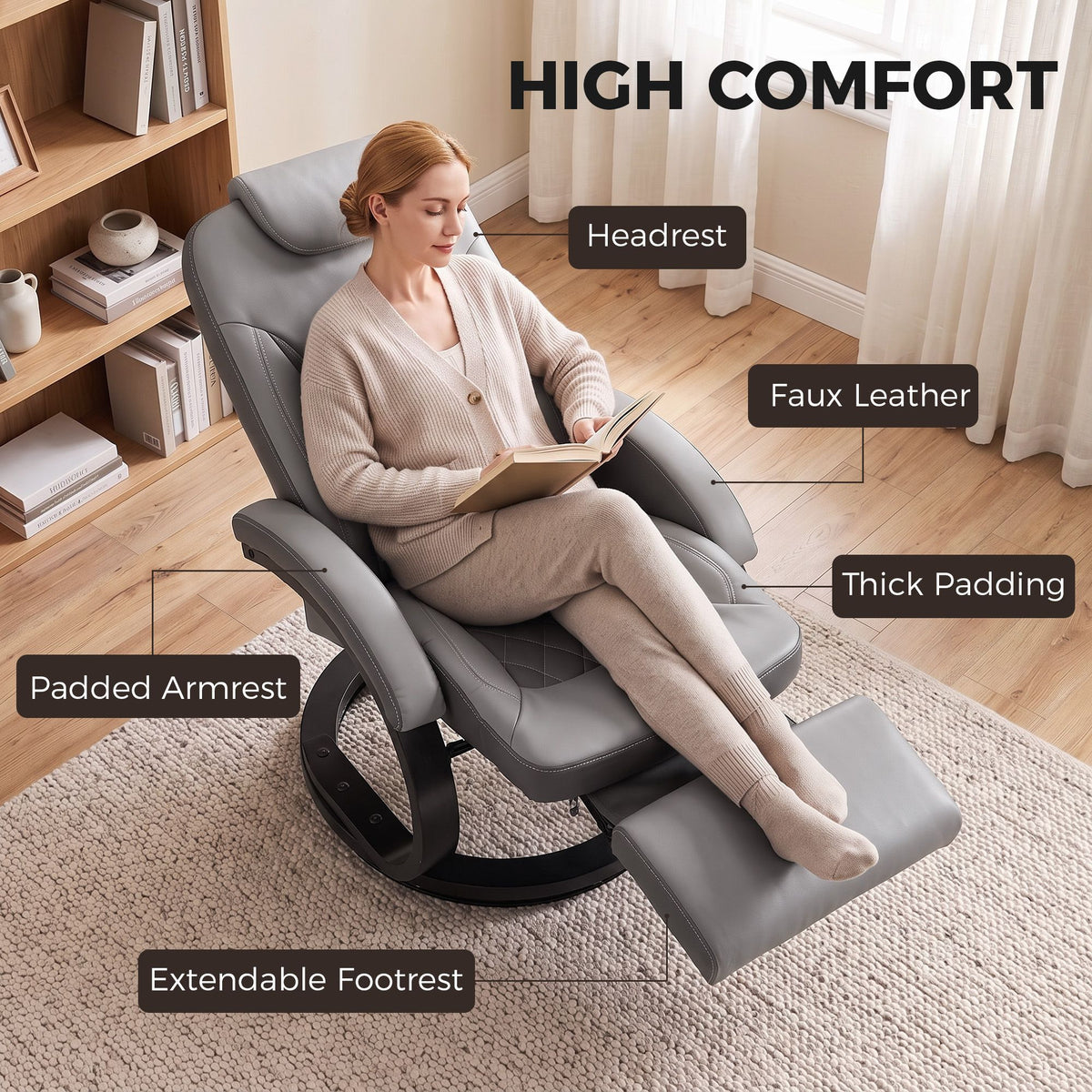Faux Leather Manual Recliner, Swivel Lounge Chair with Adjustable Backrest, Footrest and Round Base, Gray