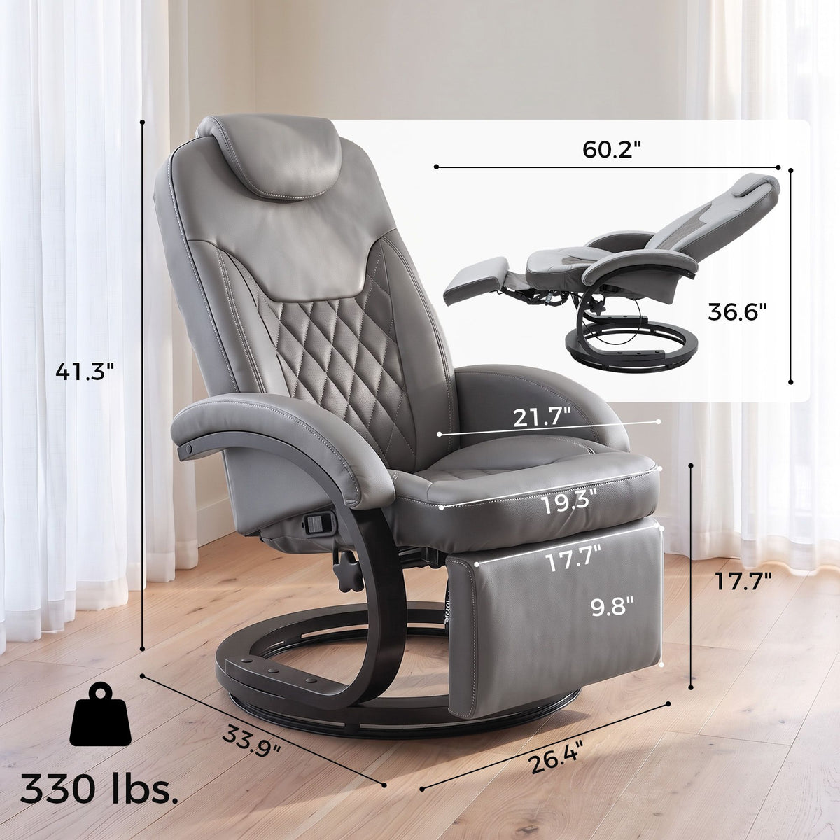Faux Leather Manual Recliner, Swivel Lounge Chair with Adjustable Backrest, Footrest and Round Base, Gray
