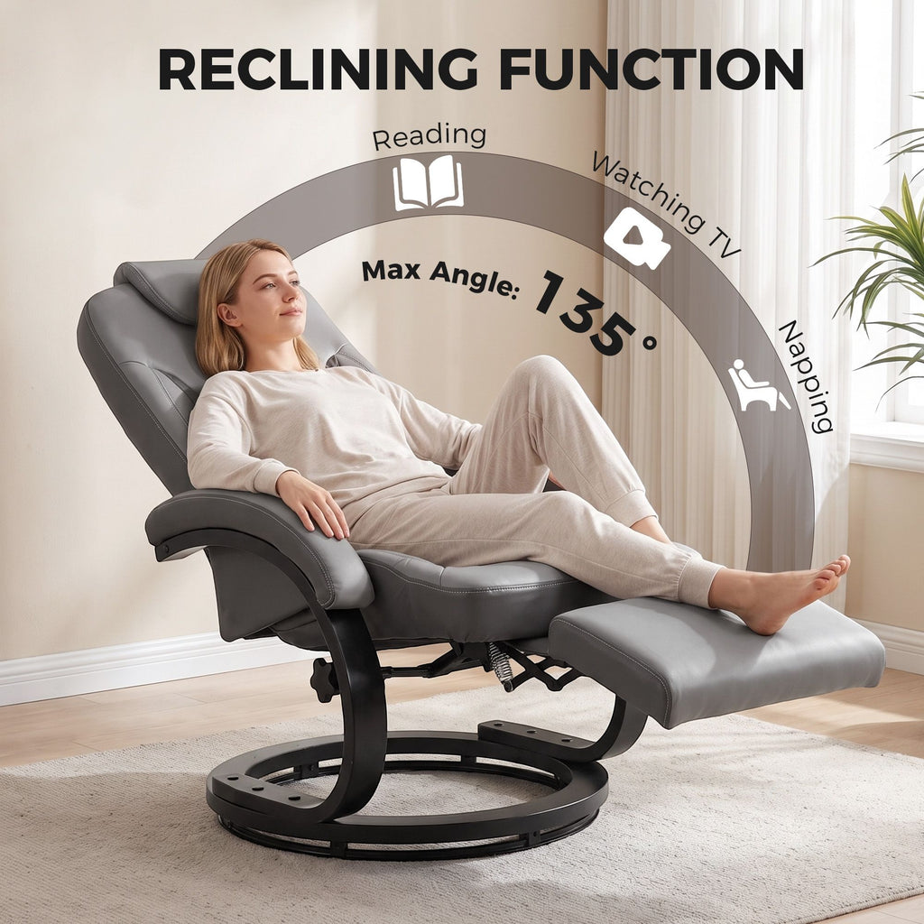 Faux Leather Manual Recliner, Swivel Lounge Chair with Adjustable Backrest, Footrest and Round Base, Gray