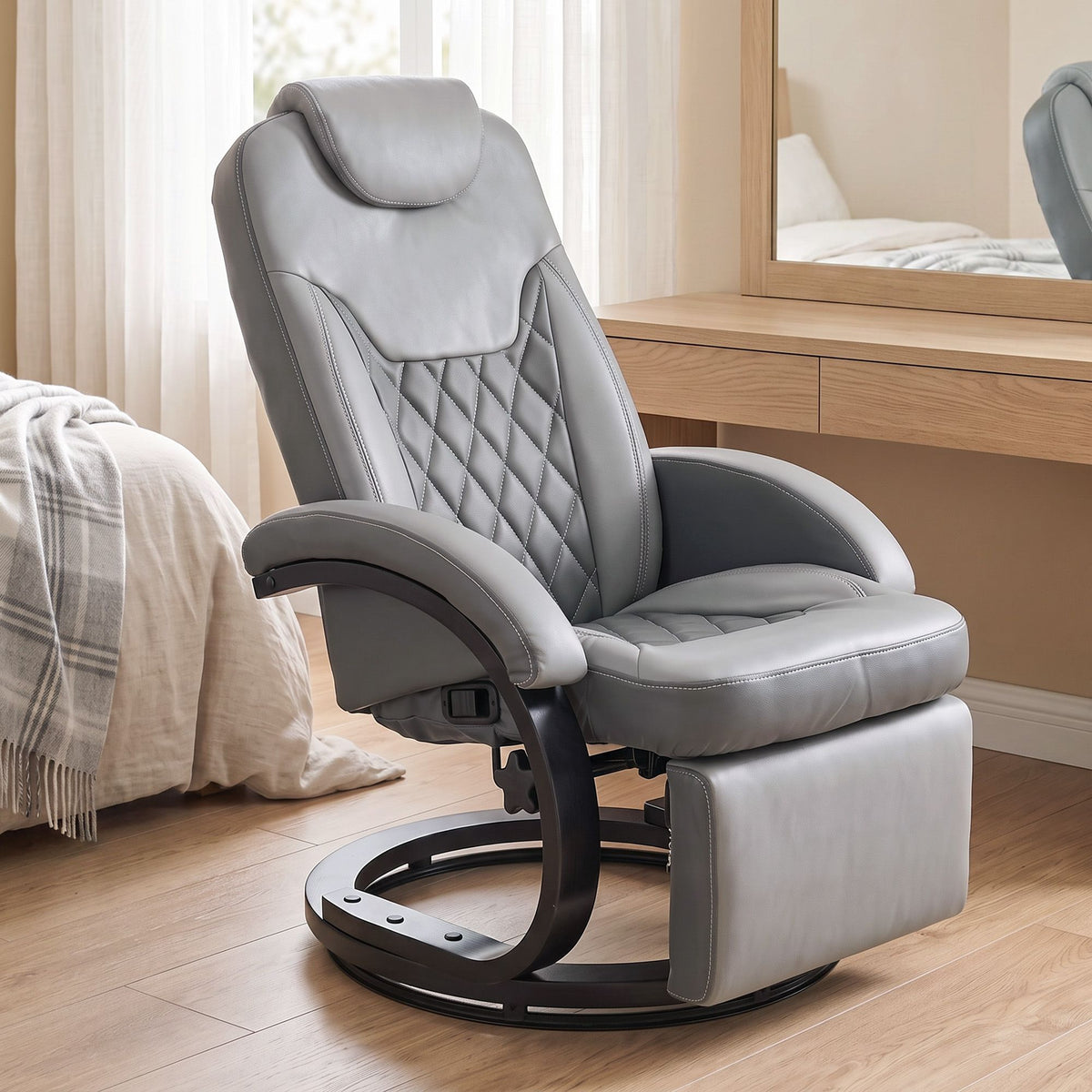 Faux Leather Manual Recliner, Swivel Lounge Chair with Adjustable Backrest, Footrest and Round Base, Gray