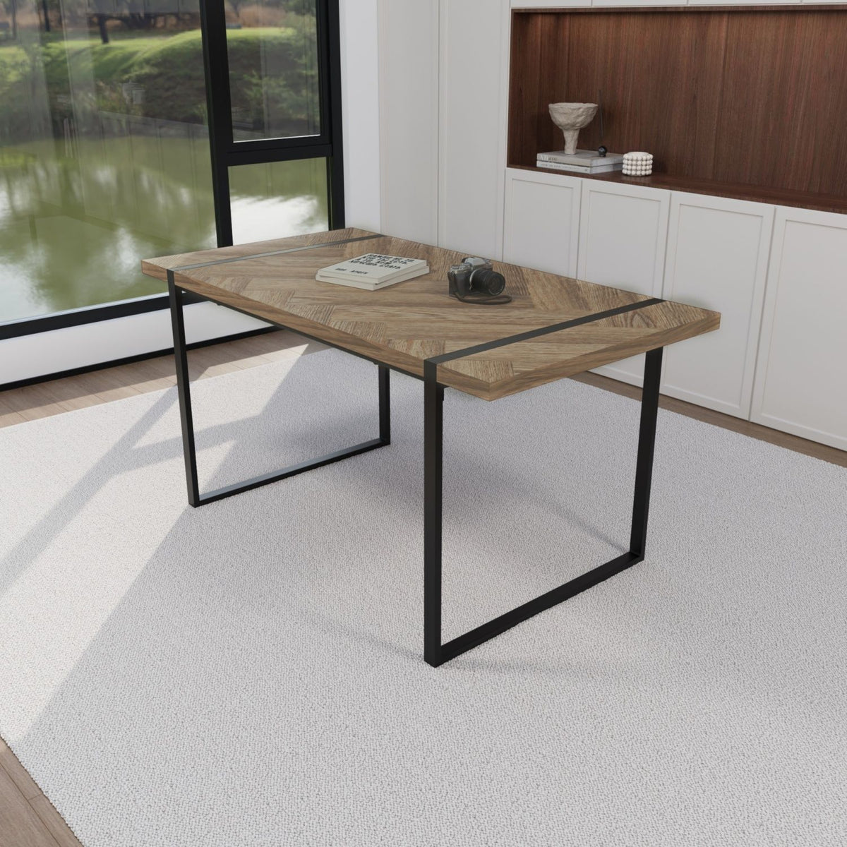 59 " dining table modern industrial rectangular MDF light wood , 4-6 people, 1.5" thick engineering wood tabletop and black rectangular metal legs, used for home & kitchen