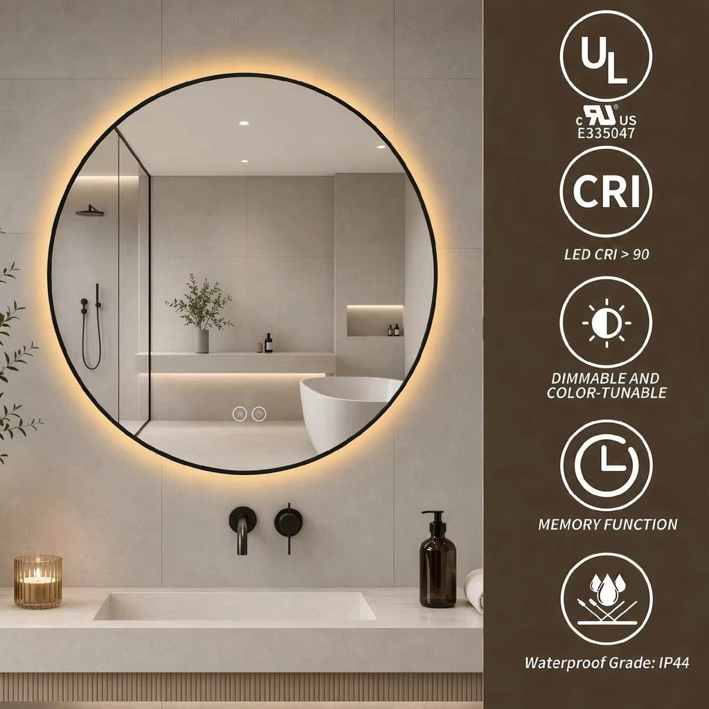 24" Round Black Aluminum Framed Dimmable LED Bathroom Mirror with Anti-Fog