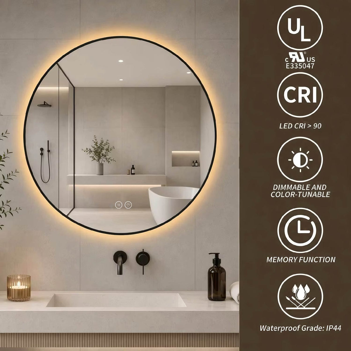 24" Round Black Aluminum Framed Dimmable LED Bathroom Mirror with Anti-Fog