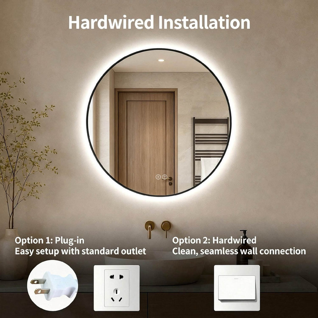 24" Round Black Aluminum Framed Dimmable LED Bathroom Mirror with Anti-Fog
