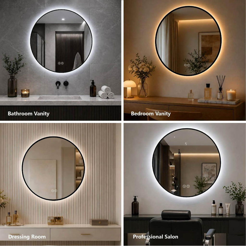 24" Round Black Aluminum Framed Dimmable LED Bathroom Mirror with Anti-Fog