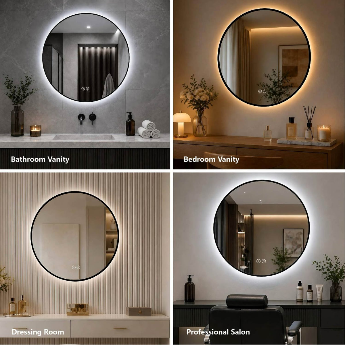 24" Round Black Aluminum Framed Dimmable LED Bathroom Mirror with Anti-Fog