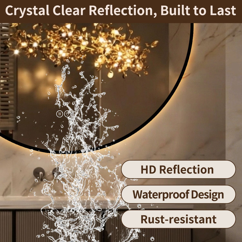 24" Round Black Aluminum Framed Dimmable LED Bathroom Mirror with Anti-Fog