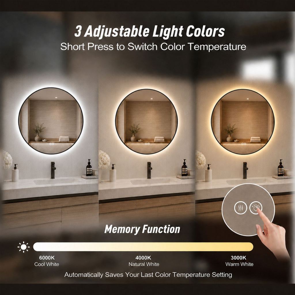 24" Round Black Aluminum Framed Dimmable LED Bathroom Mirror with Anti-Fog