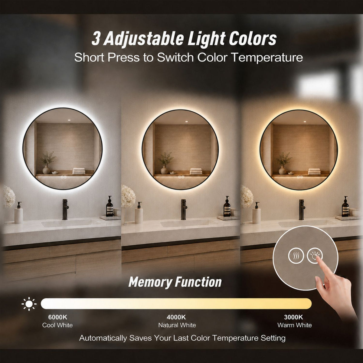 24" Round Black Aluminum Framed Dimmable LED Bathroom Mirror with Anti-Fog