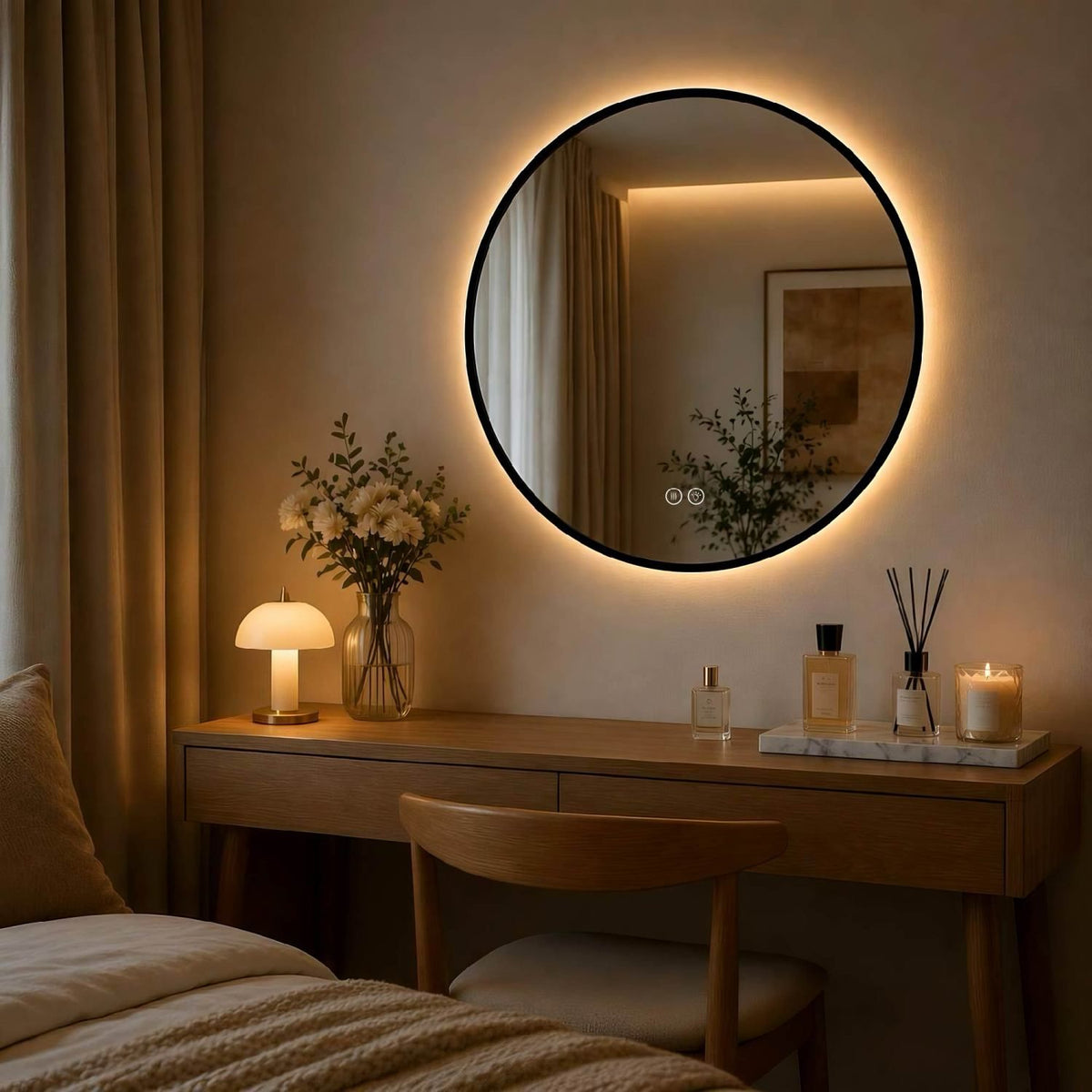 24" Round Black Aluminum Framed Dimmable LED Bathroom Mirror with Anti-Fog
