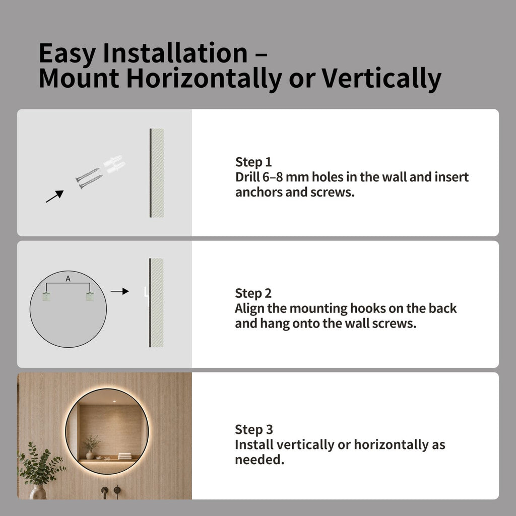 24" Round Black Aluminum Framed Dimmable LED Bathroom Mirror with Anti-Fog