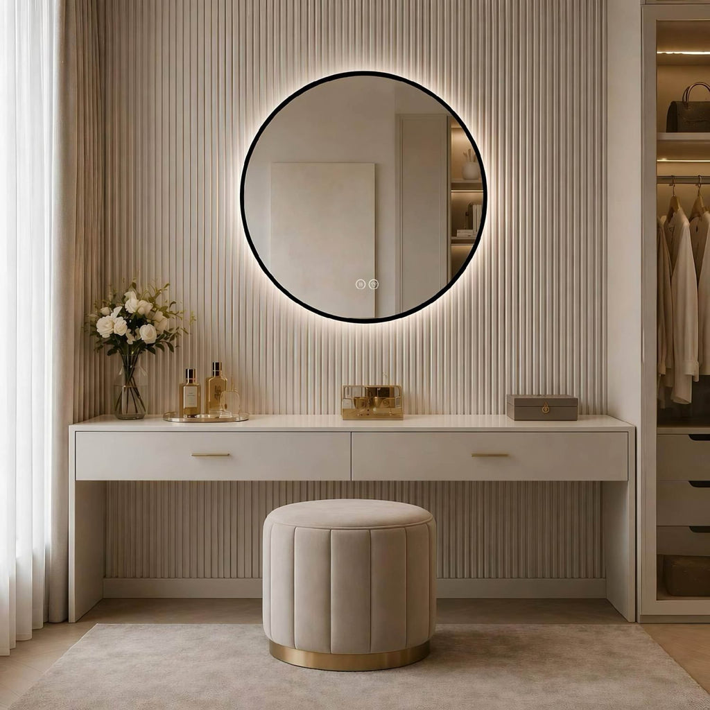 24" Round Black Aluminum Framed Dimmable LED Bathroom Mirror with Anti-Fog