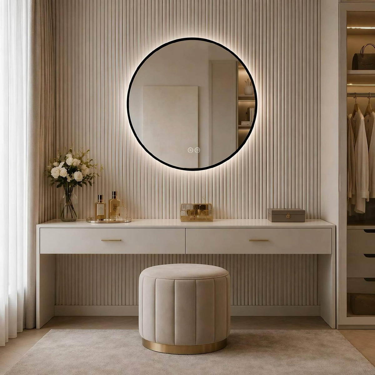 24" Round Black Aluminum Framed Dimmable LED Bathroom Mirror with Anti-Fog