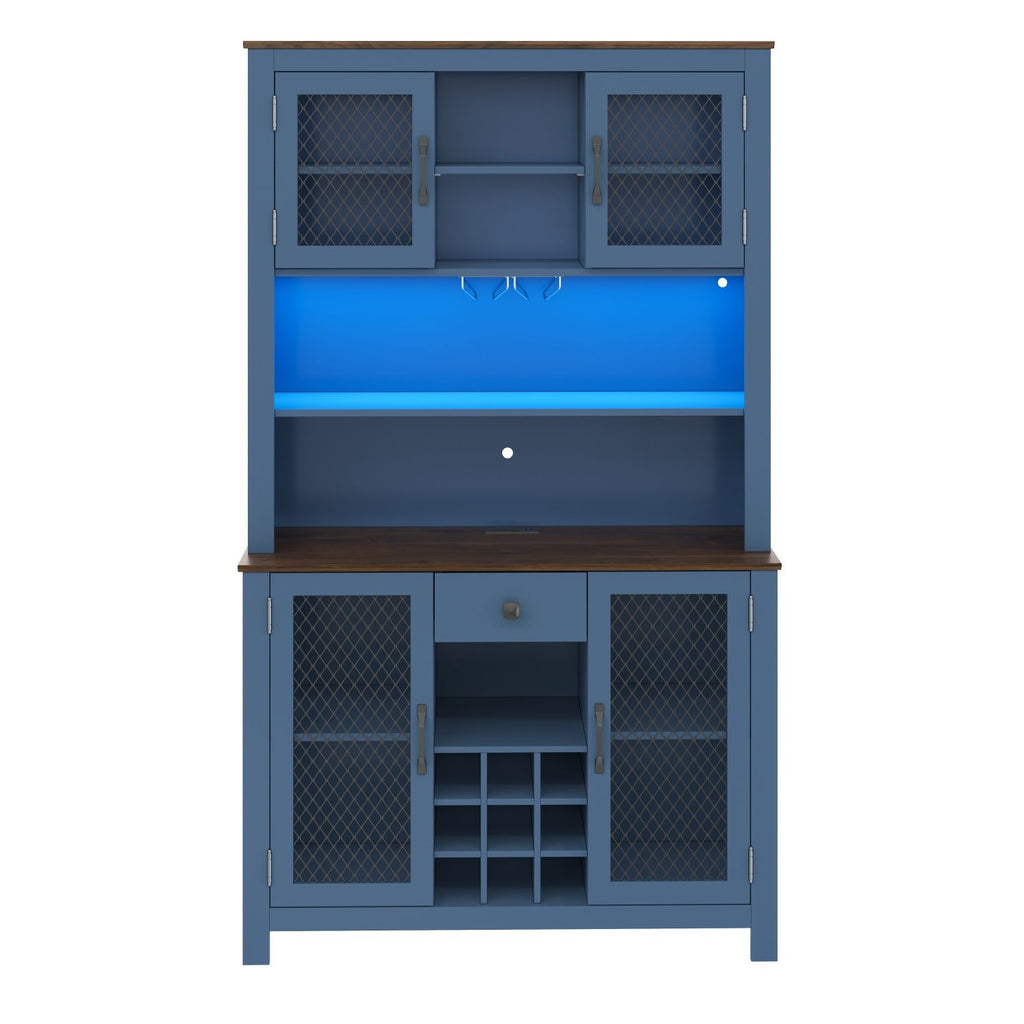 70.9" Kitchen Pantry Storage Cabinet Rustic Buffet Cabinet, Kitchen Hutch Cabinet with LED Outlets Food Pantry Cabinet with Doors and Shelves Wine Rack for Dining Room, Navy Blue