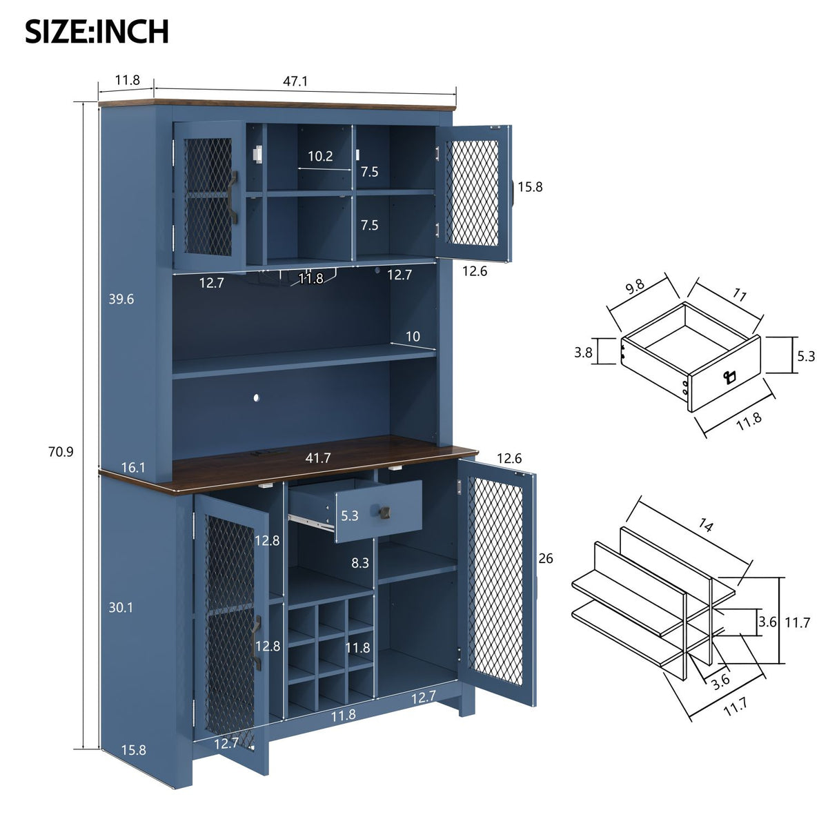 70.9" Kitchen Pantry Storage Cabinet Rustic Buffet Cabinet, Kitchen Hutch Cabinet with LED Outlets Food Pantry Cabinet with Doors and Shelves Wine Rack for Dining Room, Navy Blue