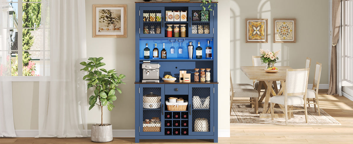 70.9" Kitchen Pantry Storage Cabinet Rustic Buffet Cabinet, Kitchen Hutch Cabinet with LED Outlets Food Pantry Cabinet with Doors and Shelves Wine Rack for Dining Room, Navy Blue