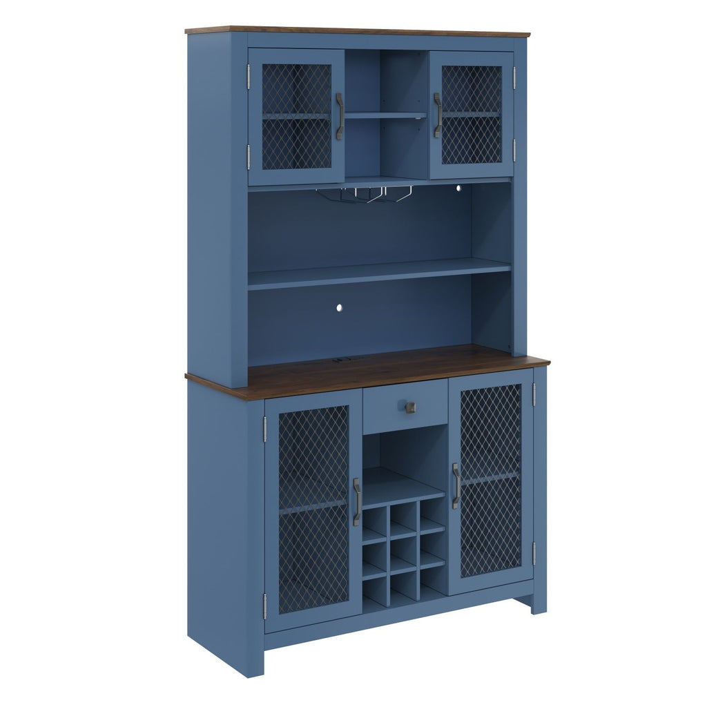70.9" Kitchen Pantry Storage Cabinet Rustic Buffet Cabinet, Kitchen Hutch Cabinet with LED Outlets Food Pantry Cabinet with Doors and Shelves Wine Rack for Dining Room, Navy Blue