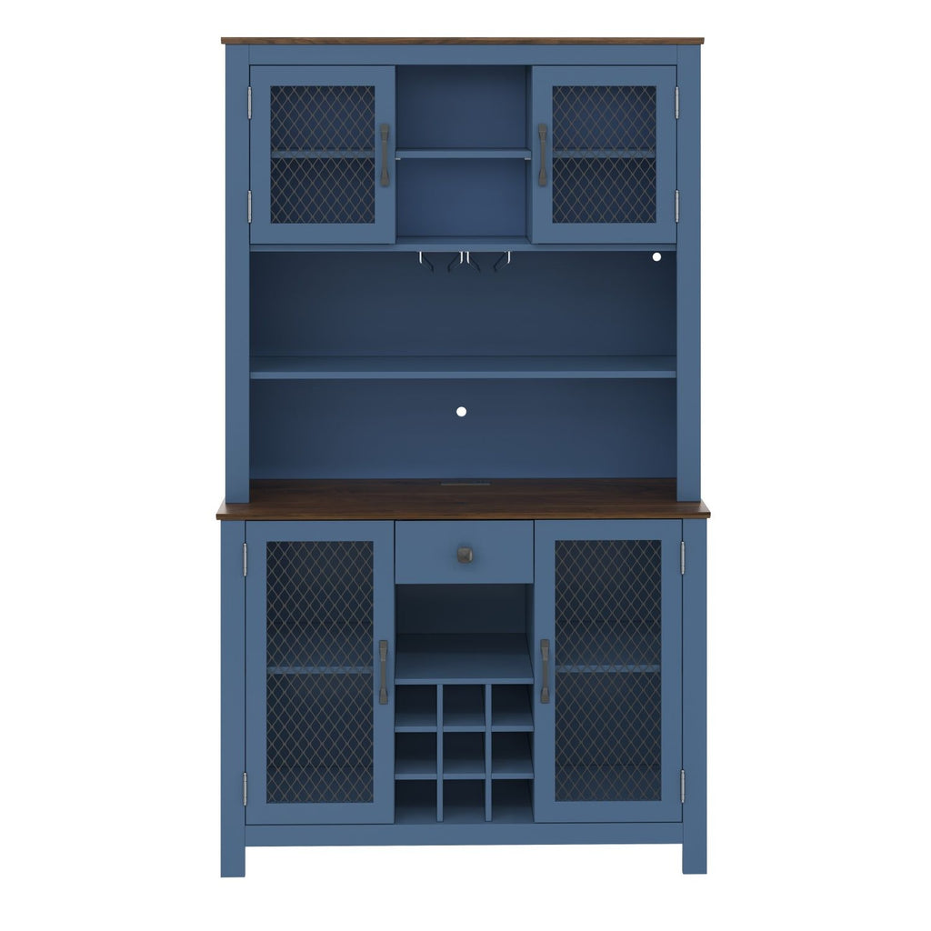 70.9" Kitchen Pantry Storage Cabinet Rustic Buffet Cabinet, Kitchen Hutch Cabinet with LED Outlets Food Pantry Cabinet with Doors and Shelves Wine Rack for Dining Room, Navy Blue