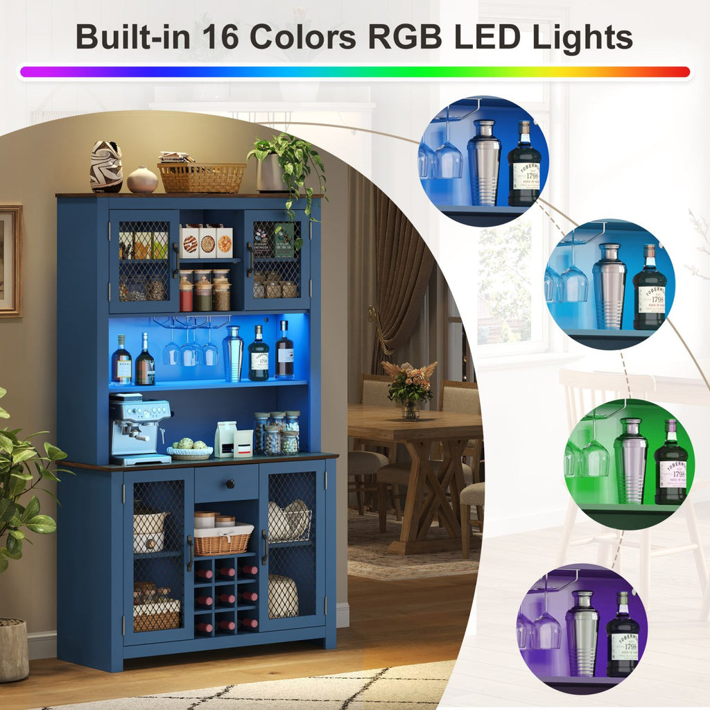 70.9" Kitchen Pantry Storage Cabinet Rustic Buffet Cabinet, Kitchen Hutch Cabinet with LED Outlets Food Pantry Cabinet with Doors and Shelves Wine Rack for Dining Room, Navy Blue