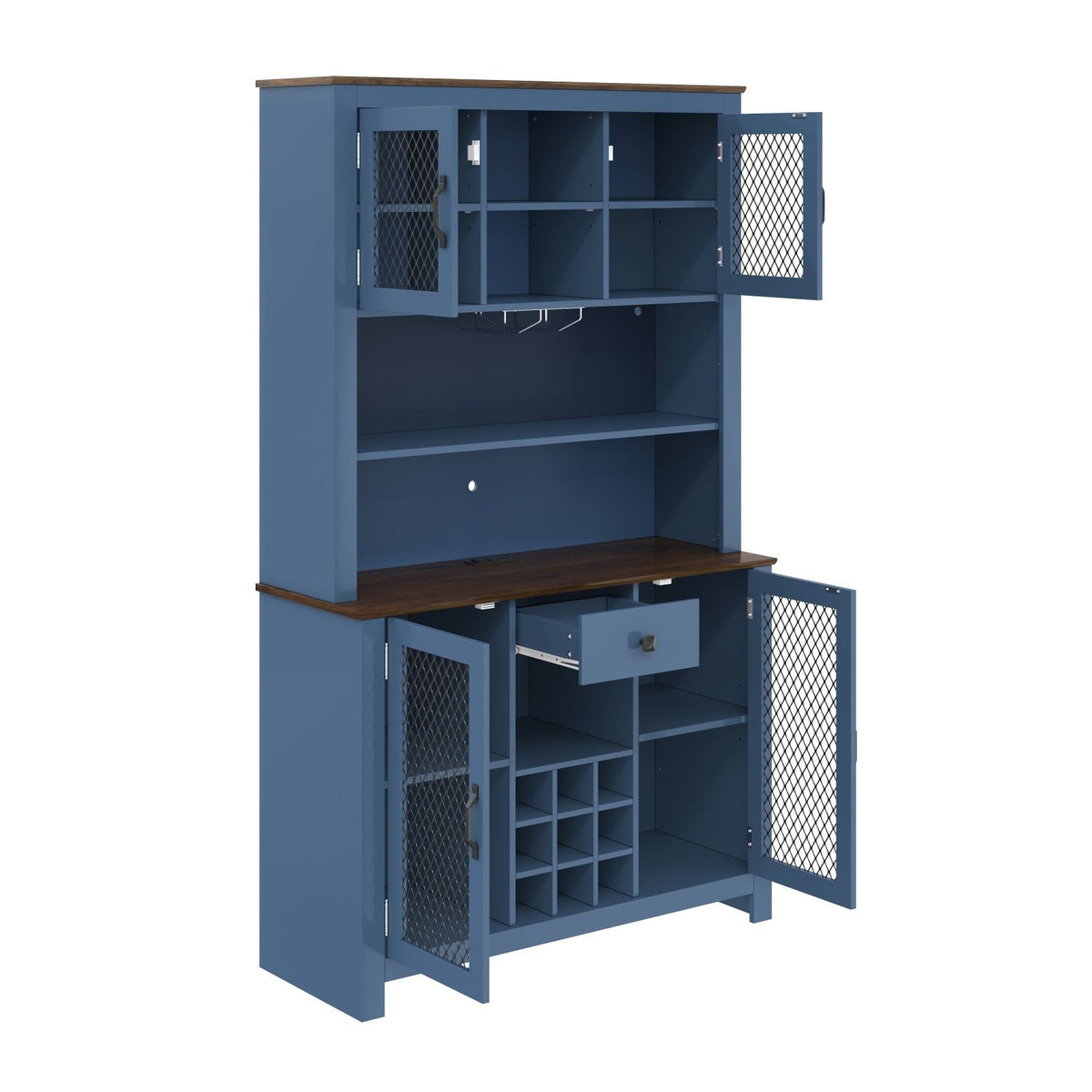 70.9" Kitchen Pantry Storage Cabinet Rustic Buffet Cabinet, Kitchen Hutch Cabinet with LED Outlets Food Pantry Cabinet with Doors and Shelves Wine Rack for Dining Room, Navy Blue