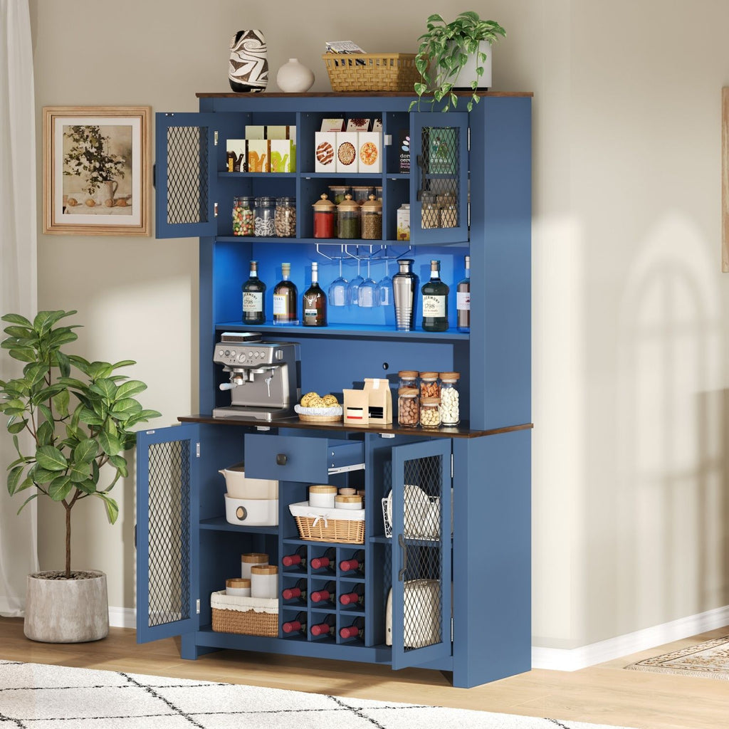 70.9" Kitchen Pantry Storage Cabinet Rustic Buffet Cabinet, Kitchen Hutch Cabinet with LED Outlets Food Pantry Cabinet with Doors and Shelves Wine Rack for Dining Room, Navy Blue
