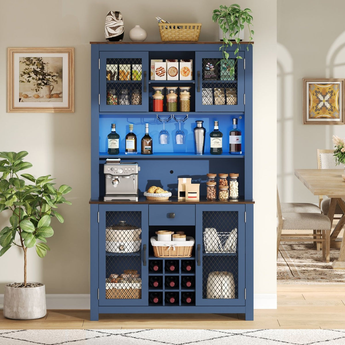 70.9" Kitchen Pantry Storage Cabinet Rustic Buffet Cabinet, Kitchen Hutch Cabinet with LED Outlets Food Pantry Cabinet with Doors and Shelves Wine Rack for Dining Room, Navy Blue