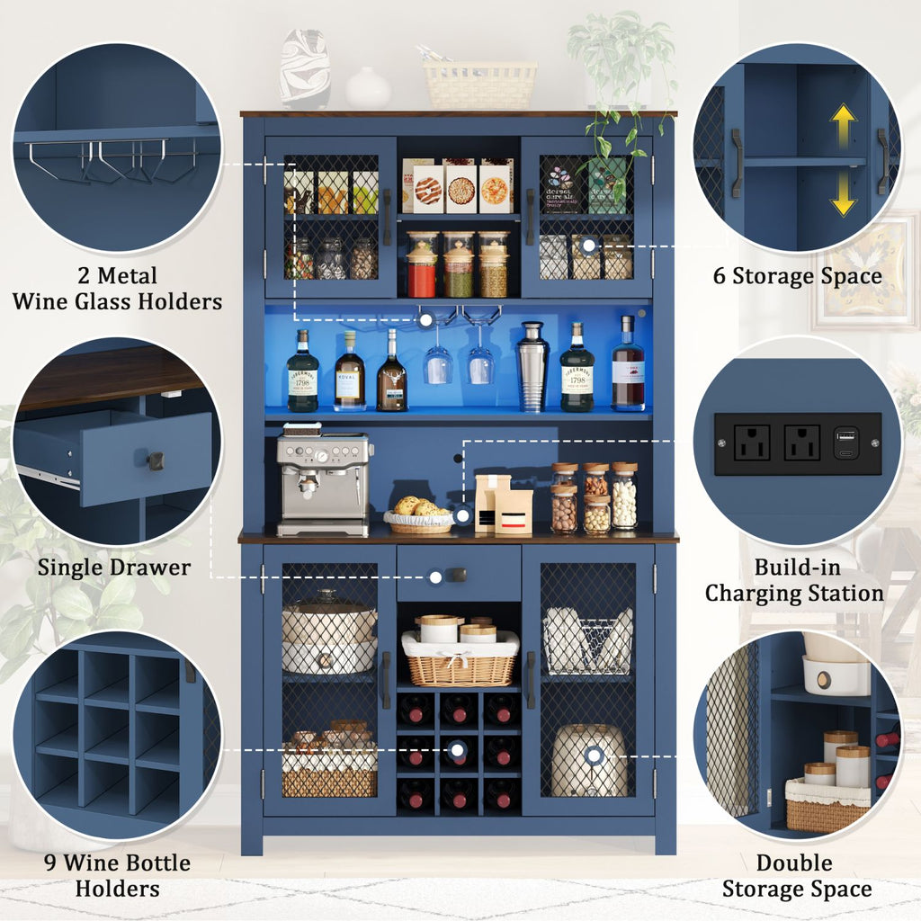 70.9" Kitchen Pantry Storage Cabinet Rustic Buffet Cabinet, Kitchen Hutch Cabinet with LED Outlets Food Pantry Cabinet with Doors and Shelves Wine Rack for Dining Room, Navy Blue