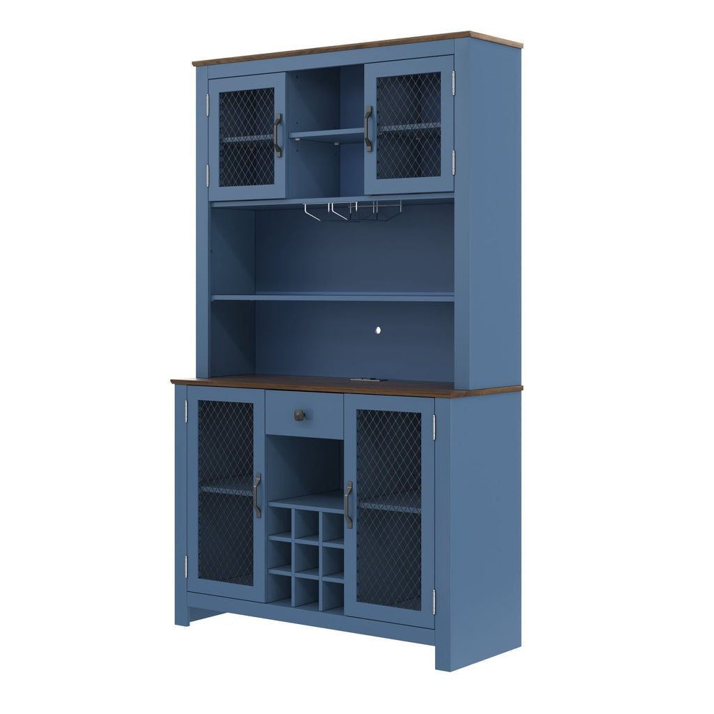 70.9" Kitchen Pantry Storage Cabinet Rustic Buffet Cabinet, Kitchen Hutch Cabinet with LED Outlets Food Pantry Cabinet with Doors and Shelves Wine Rack for Dining Room, Navy Blue